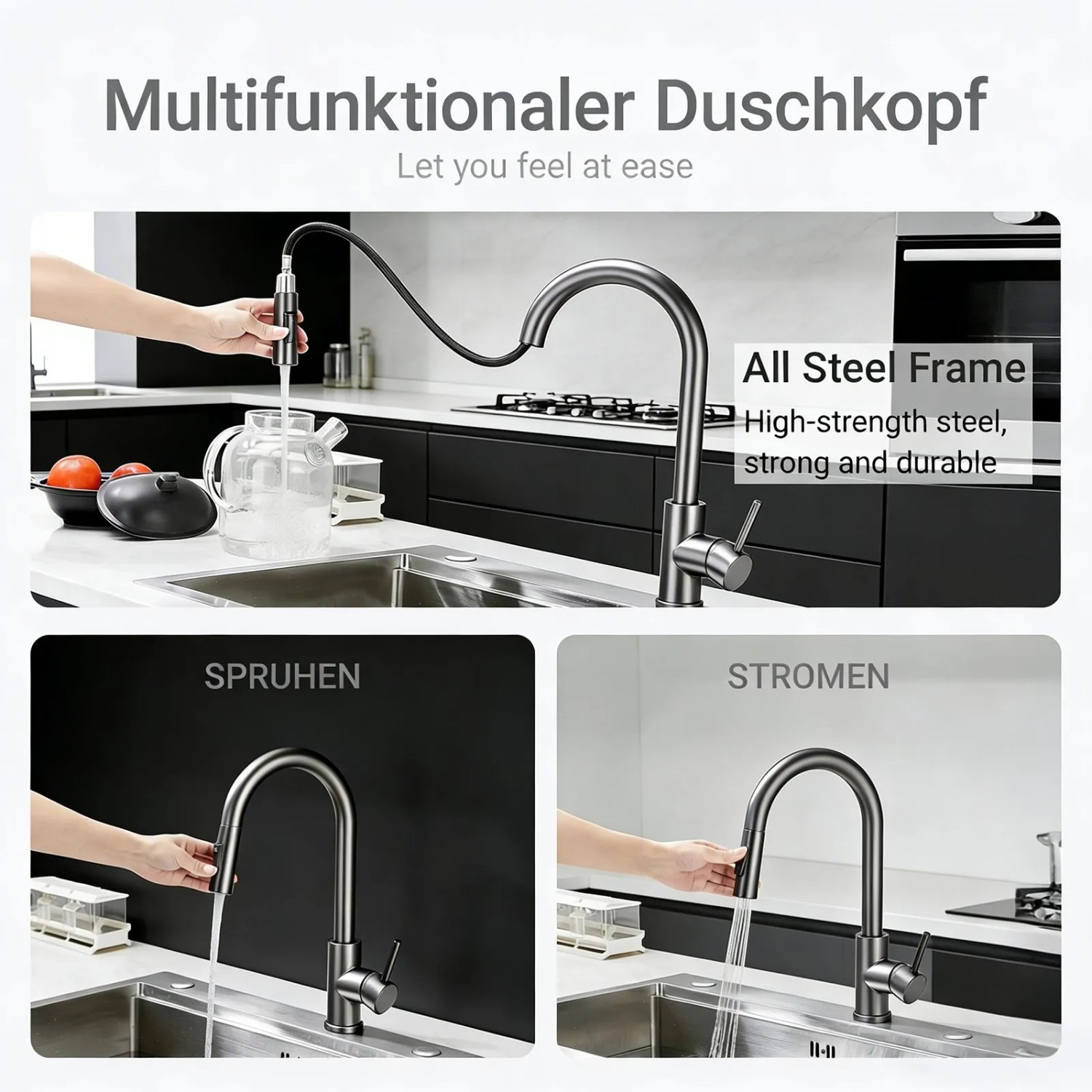 AICA Küchenarmatur, ausziehbar, metallic grau. Einhebelmischer mit Brausefunktion für Spüle.