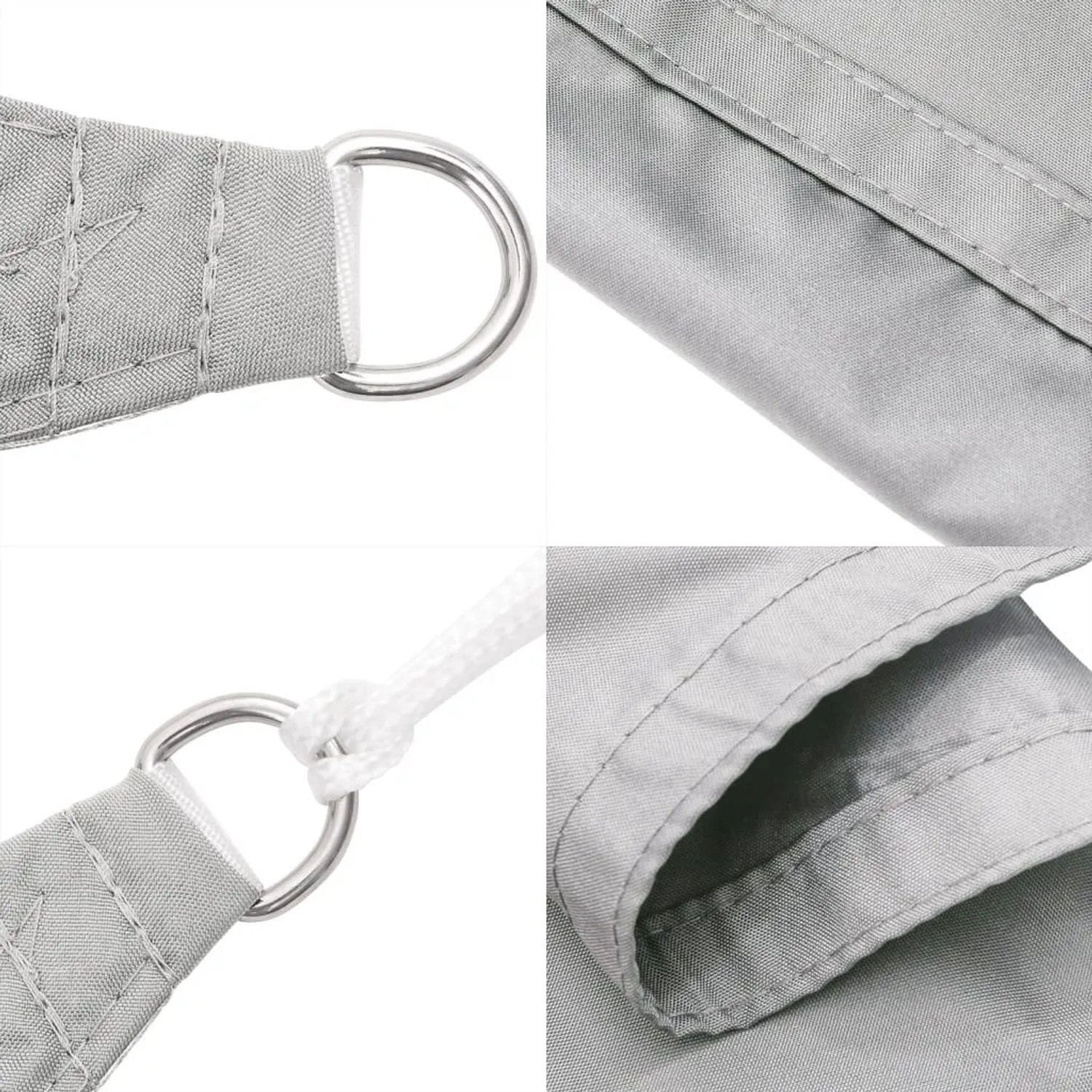 Nahaufnahme vidaXL Sonnensegel hellgrau: D-Ringe, robuste Nähte, Seilbefestigung. 100% Polyester Oxford.