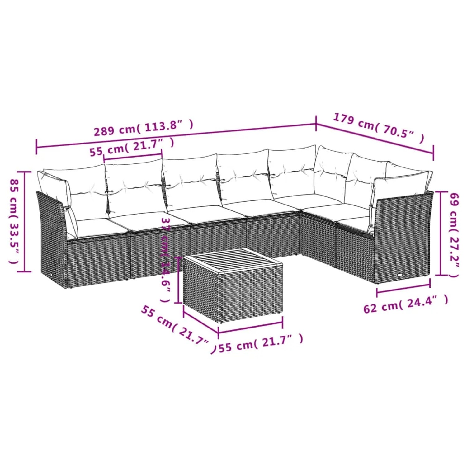 Graue 8-tlg. vidaXL Garten-Sofagarnitur aus Polyrattan mit Kissen und Tisch, Maße siehe Abbildung.
