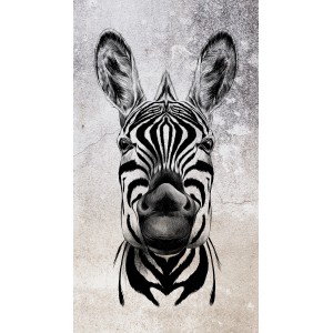 Detailaufnahme: Erismann Digitaltapete Zooom Cool Zebra auf Betonwand, schwarz-weiß.