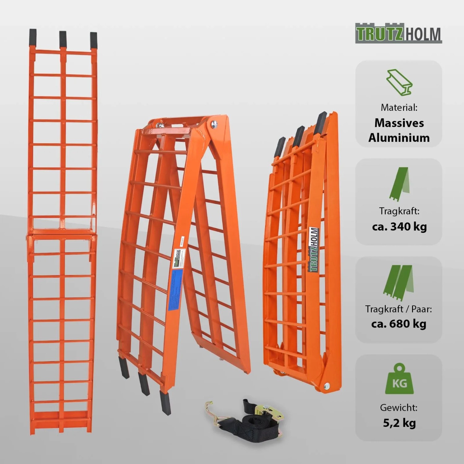 TRUTZHOLM Auffahrrampe, klappbar, 180 cm, Traglast 340 kg, orange, für Autoanhänger.