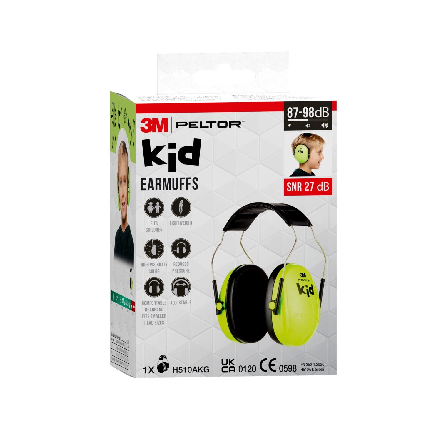 3M Peltor Kapselgehörschutz für Kinder H510AK, neongrün, auf der Verpackung.