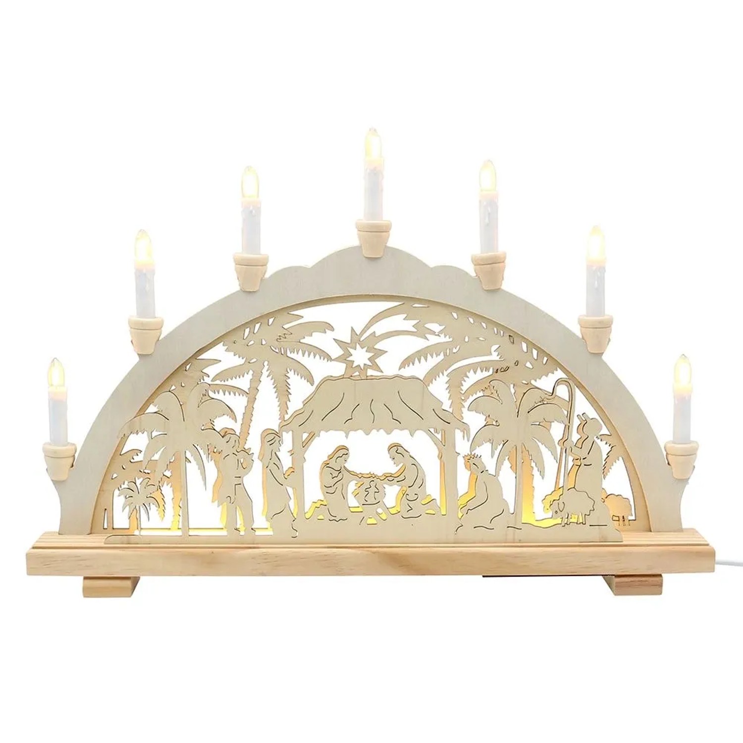 Dekohelden24 Leuchterbogen Schwippbogen Lichterbogen Fensterbogen Schwibbogen Motiv Christi Geburt mit Spitzkerzen und LED-Band L/B/H 58 x 6 x 38 cm