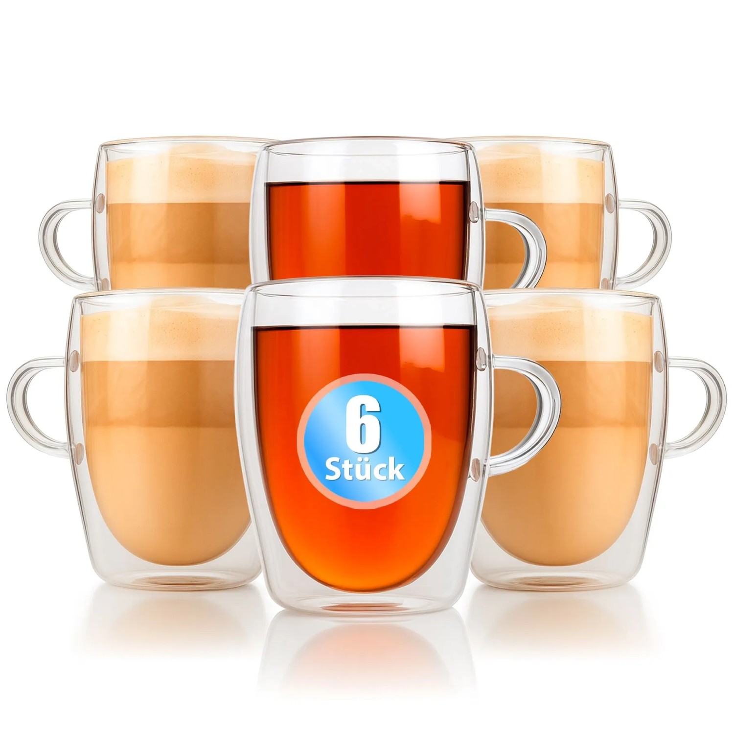 BigDean 6 Stück Doppelwandige Latte Macchiato Gläser mit Henkel 300 ml Teetasse Thermogläser Teegläser Kaffeegläser in Geschenkverpackung