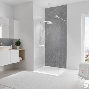 Schulte Duschrückwand DecoDesign Softtouch Stein Marmor-Grau, 255x100cm im modernen Badezimmer.