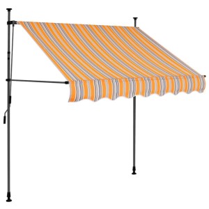 Einziehbare Markise, handbetrieben, gelb-blau gestreift, 100 cm breit, mit Stahlrahmen.