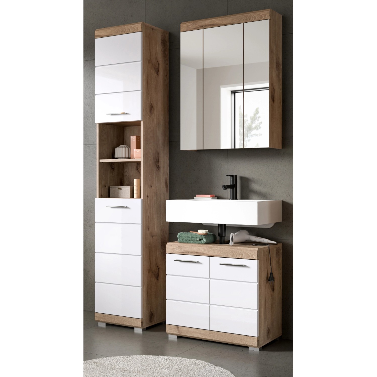 Inn.Furn Badmöbel Set in Weiß Hochglanz und Eiche 3-teilig 112 cm Willow günstig online kaufen