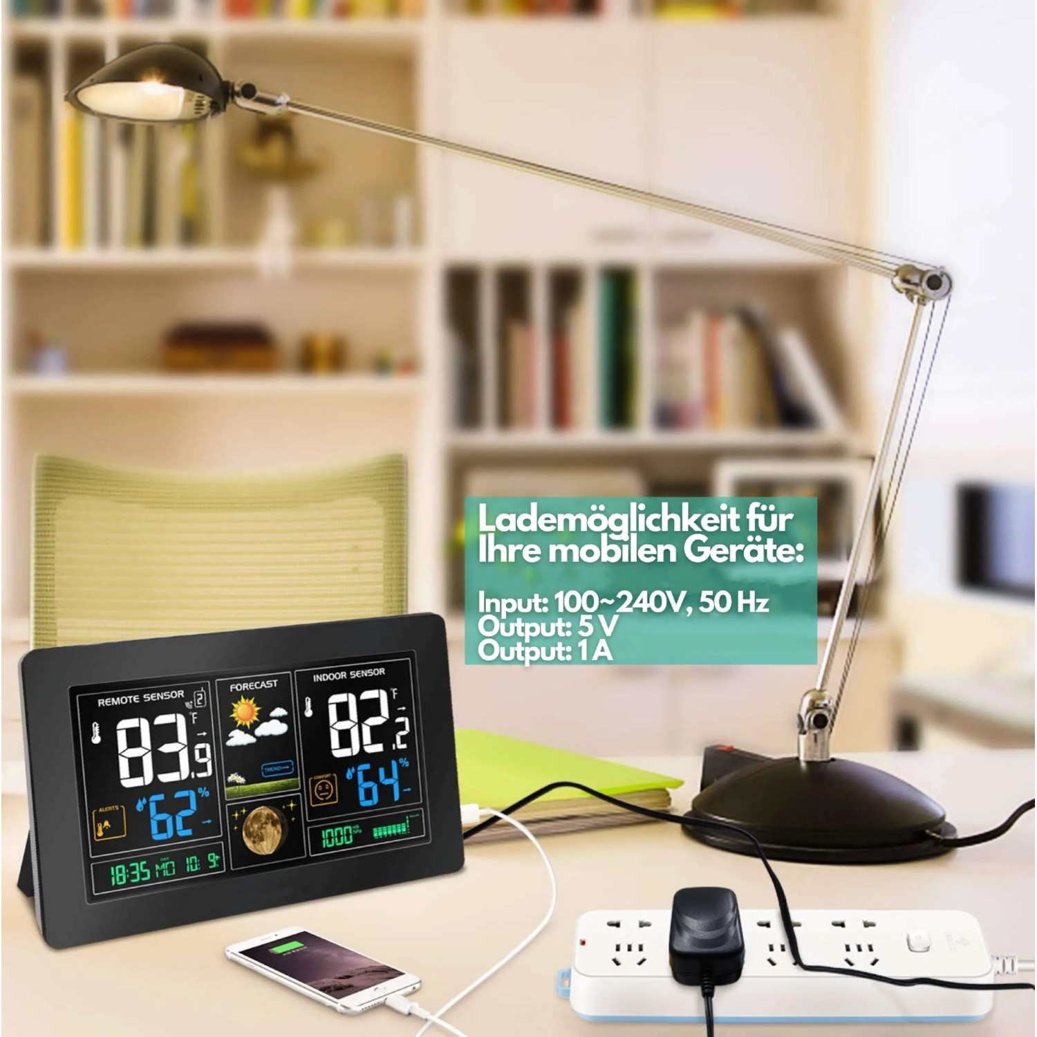 Echos Eco-450 Funkwetterstation mit Farbdisplay und Außensensor auf einem Schreibtisch.