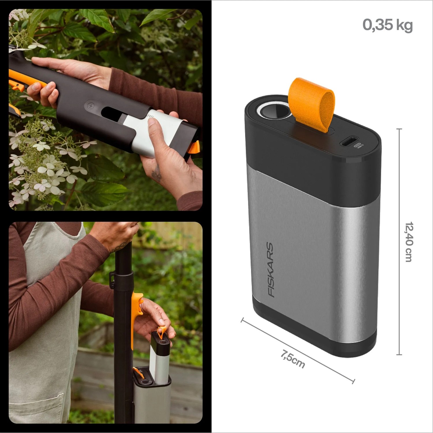 Fiskars 12V 4Ah Akku, silber-schwarz, wird in Gartengeräte eingesetzt. Kompakter Powerbank-Akku mit USB-C Anschluss.
