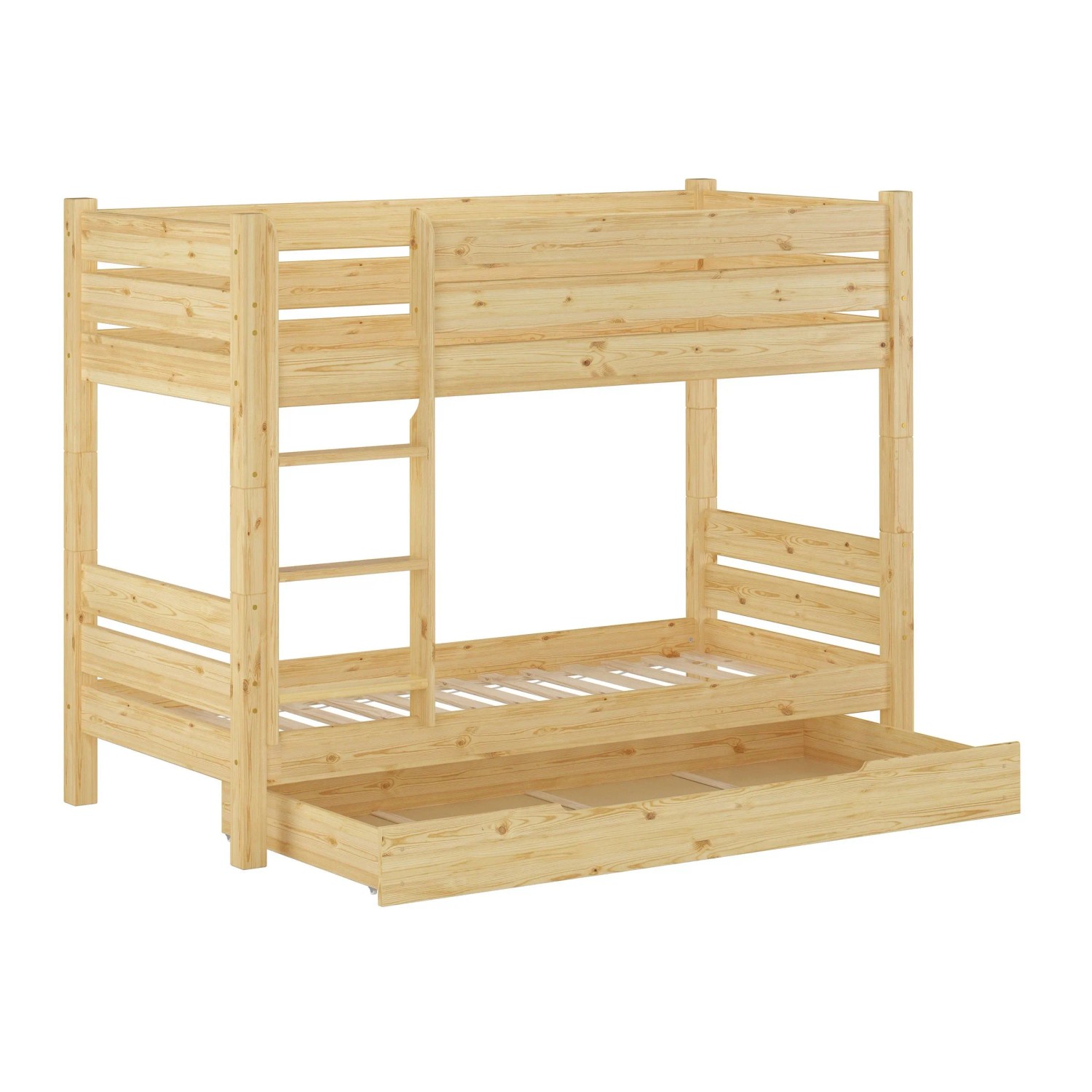 Erst-Holz Niedriges Etagenbett 90 x 200 cm Kiefer Massiv Teilbare Nische 80 Modell 16 Rollrost und Bettkasten inkl.