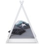 Weißes Homestyle4u Tipi Kinderbett 90x200 cm aus Holz mit niedriger Liegefläche und Kissen mit Sternenmuster.