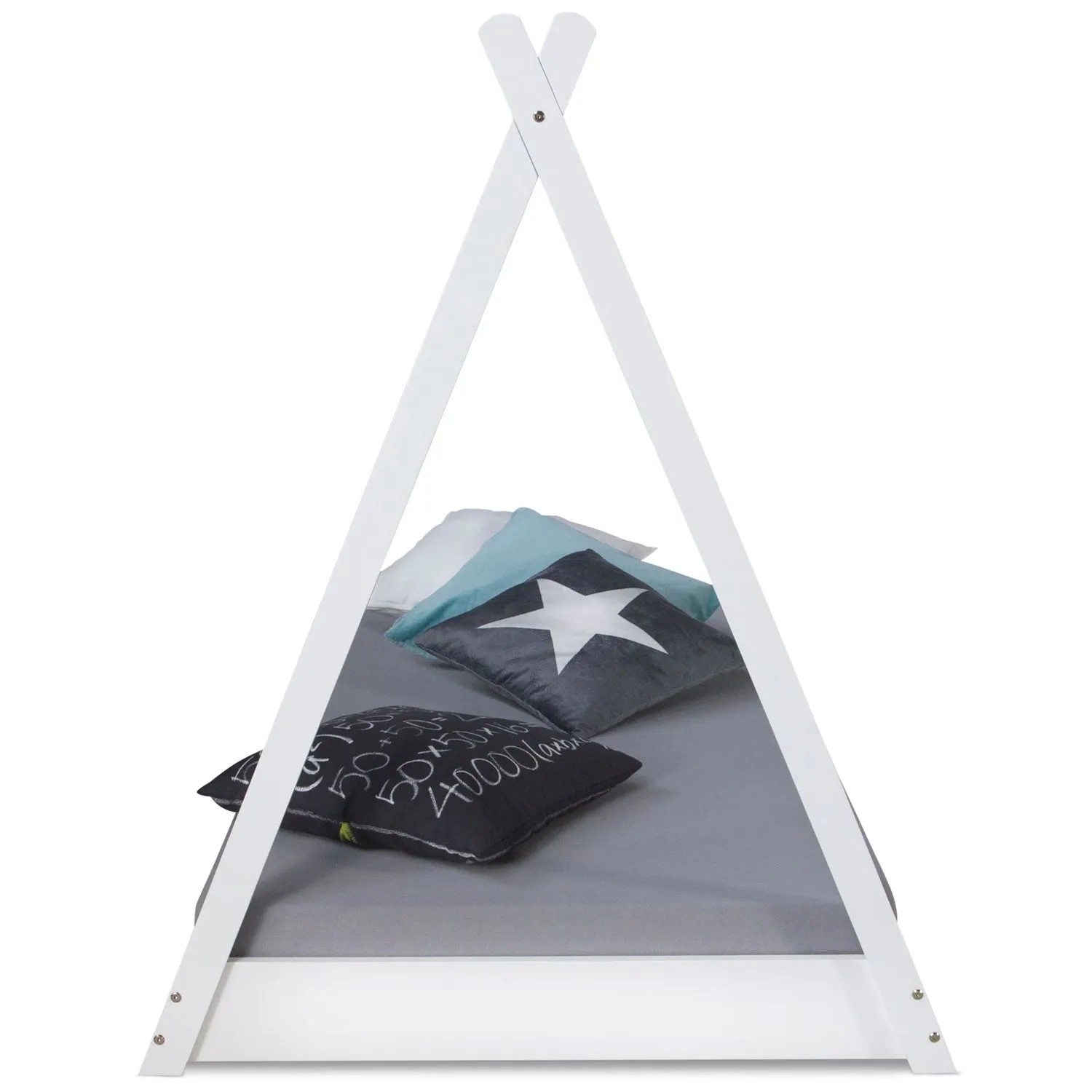 Weißes Homestyle4u Tipi Kinderbett 90x200 cm aus Holz mit niedriger Liegefläche und Kissen mit Sternenmuster.