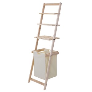 MCW Leiterregal B59 mit Wäschekorb aus Holz und Stoff, drei Regalböden.