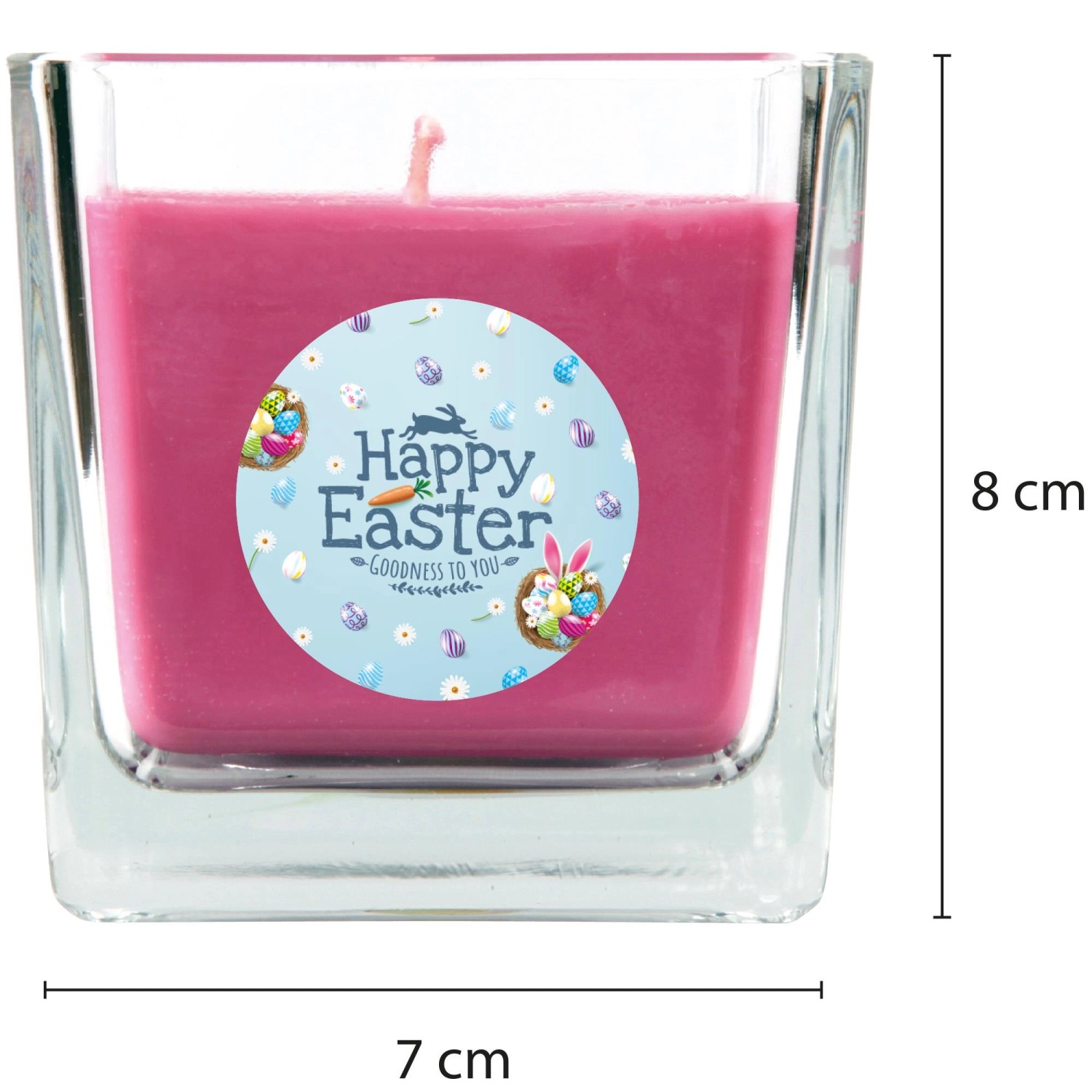 Lila Duftkerze im Glas mit Ostermotiv, quadratisch, ca. 50 Stunden Brenndauer.