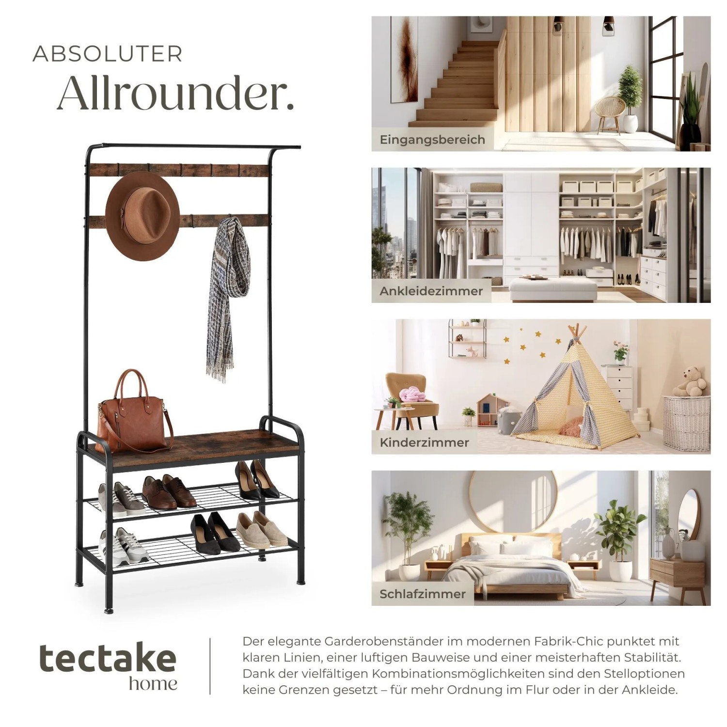 Tectake Garderobenständer Wichita im Industrial Style mit Holz und Stahl.