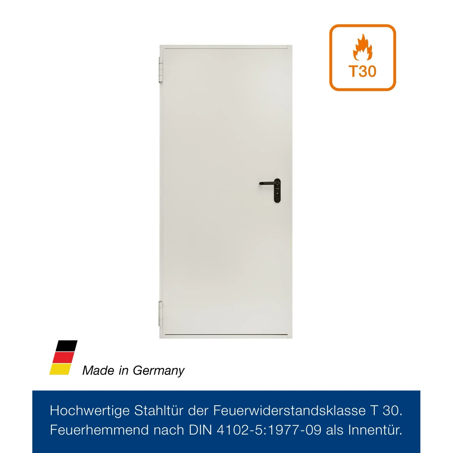 Grauweiße Hörmann Feuerschutztür T30, 87,5x200 cm. Stahltür für Brandschutz und Schallschutz.