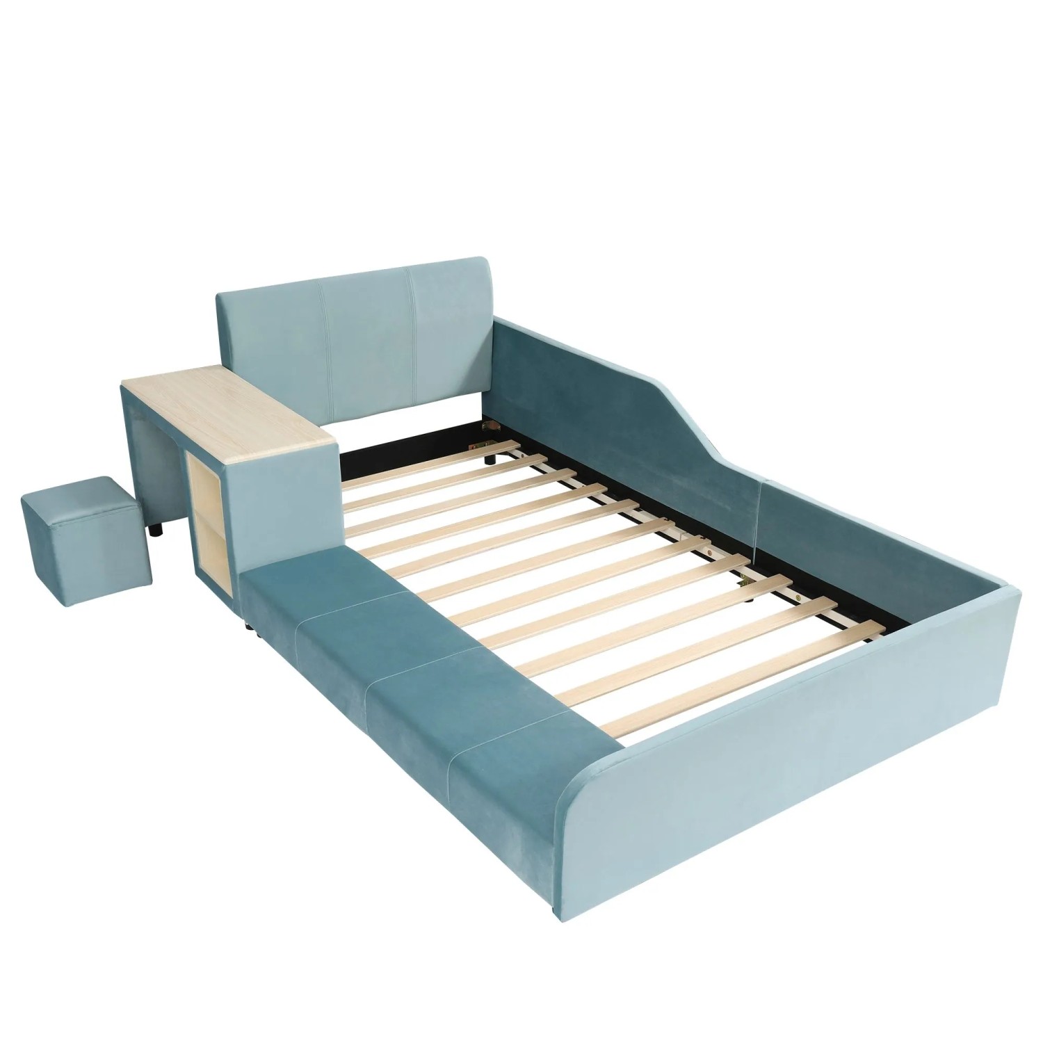 okwish Polsterbett 90x200cm mit Schreibtisch Hocker und Ablage Blau ohne Matratze