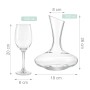 Transparentes Weingläser Set mit Dekanter. Ein Weinglas und eine Karaffe aus Glas, spülmaschinengeeignet, mit Maßangaben.
