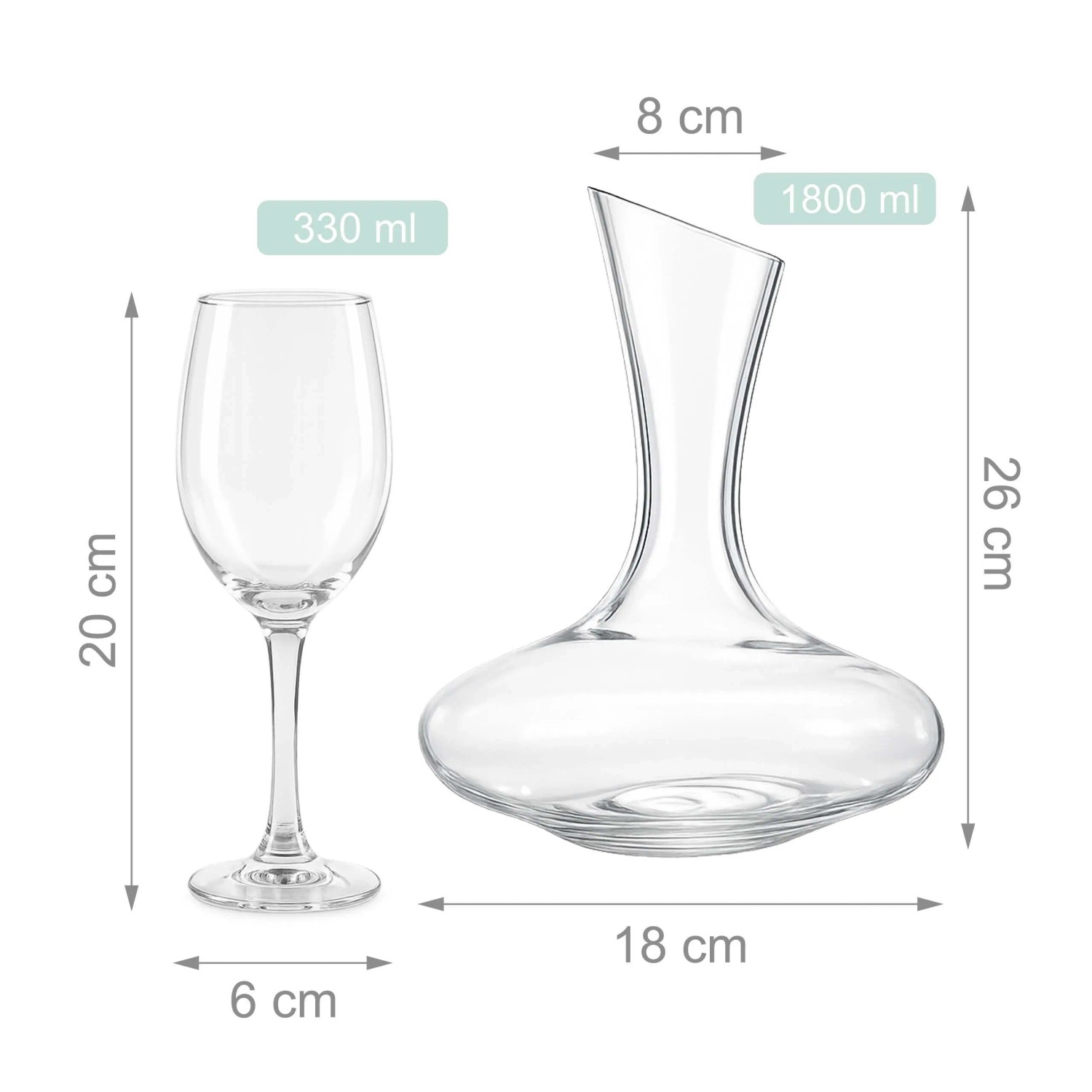 Transparentes Weingläser Set mit Dekanter. Ein Weinglas und eine Karaffe aus Glas, spülmaschinengeeignet, mit Maßangaben.