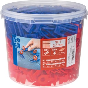 LUX Nivellierhilfe Startset: 100 Keile, 300 Clips (2 mm) im Eimer. Für präzises Fliesenlegen.