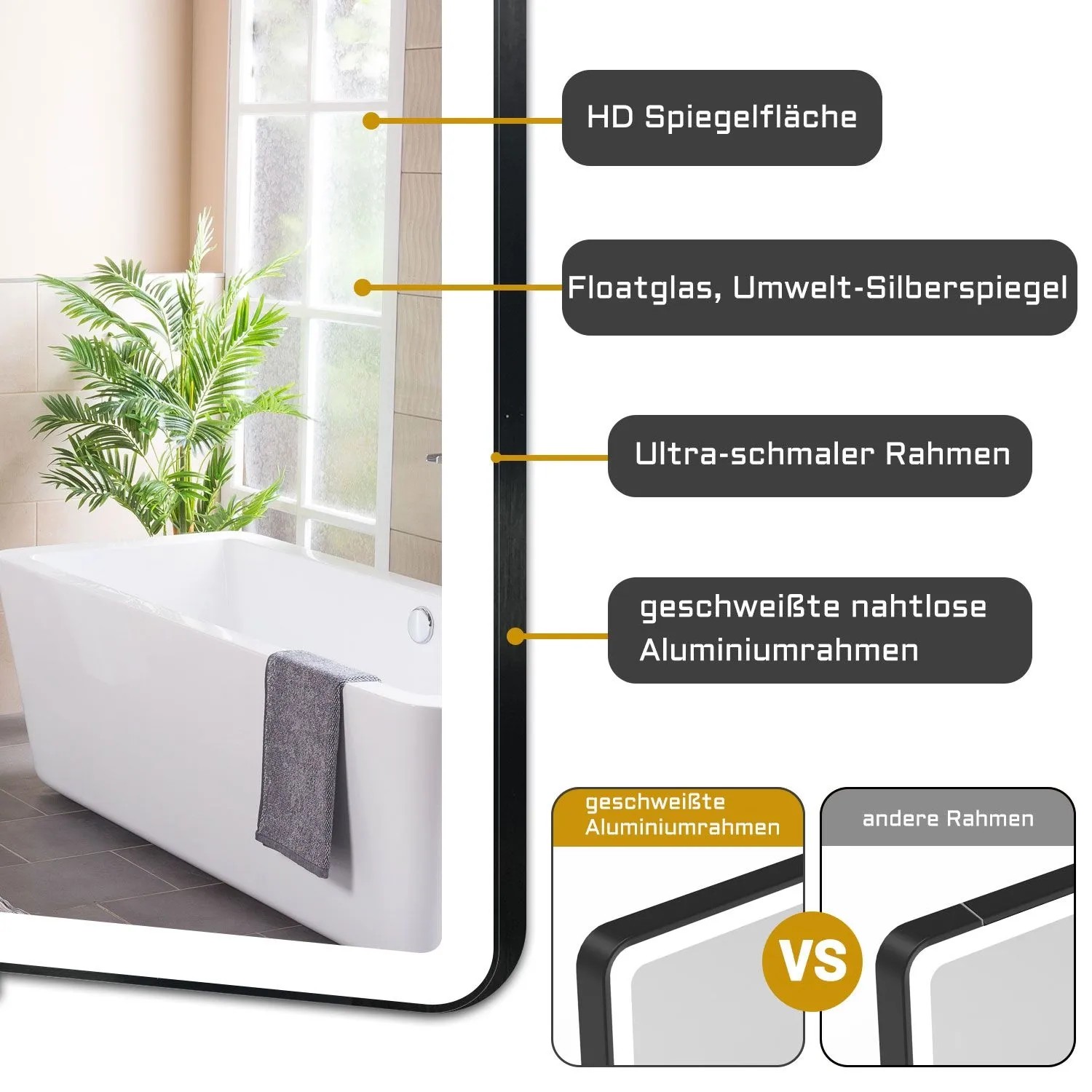 Aica Badspiegel 70x50 cm mit LED-Beleuchtung, schwarzer Rahmen. Dimmbar, mit Memory- und Touchfunktion.