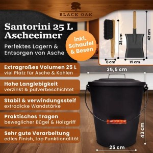BLACK OAK Ascheeimer SANTORINI 25L mit Deckel, Schaufel und Handfeger für Kamin und Grill.