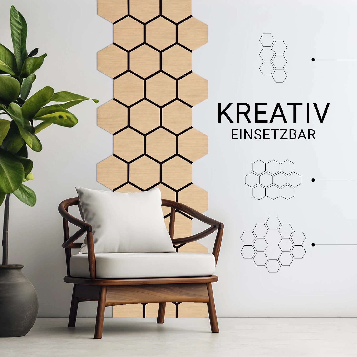 Homestyle4u Akustikpaneele: 8 Holz Hexagon Wandpaneele in Natur, 76x62cm, für Schallschutz.