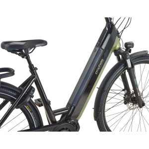 Prophete City E-Bike Geniesser 5.0, 28 Zoll, Schwarz-Silbergrün, mit Mittelmotor und integriertem Akku.