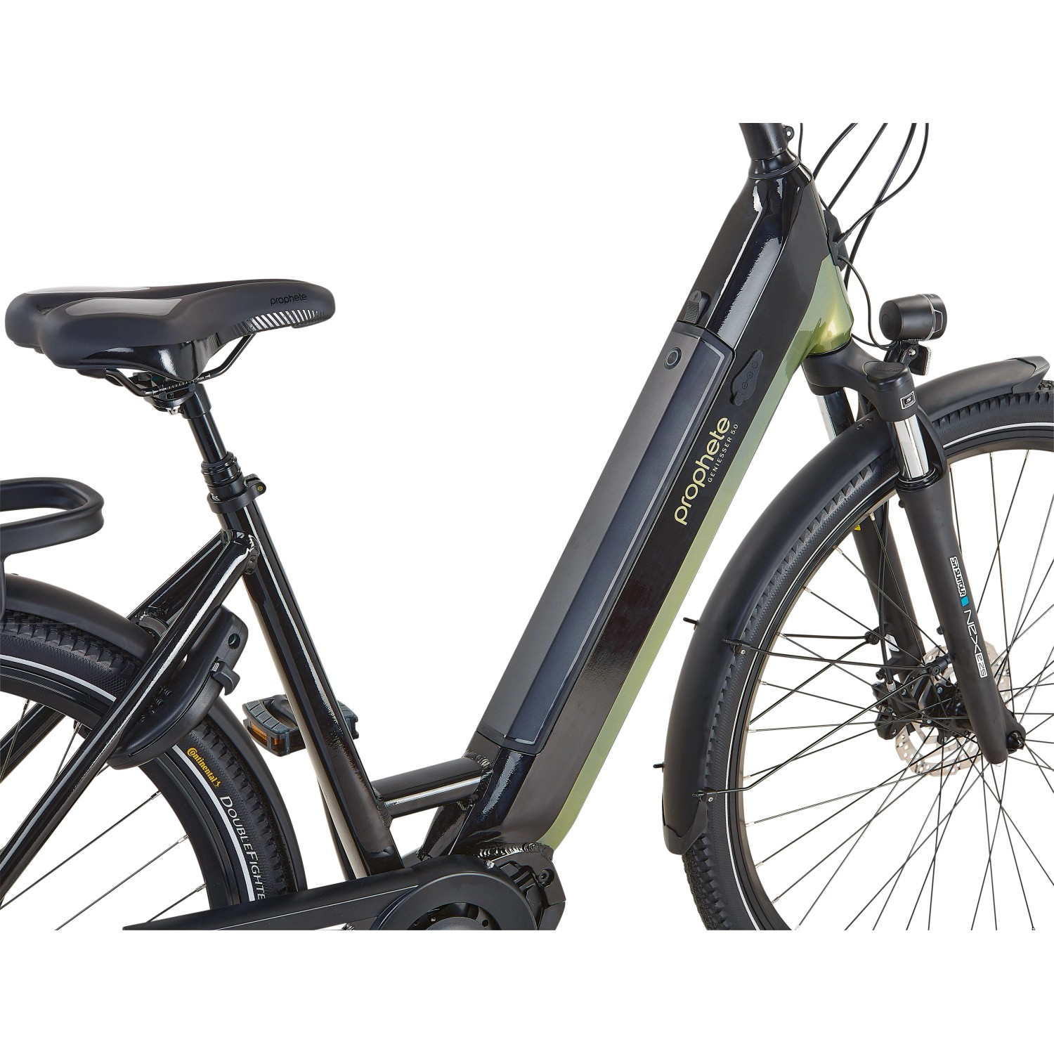 Prophete City E-Bike Geniesser 5.0, 28 Zoll, Schwarz-Silbergrün, mit Mittelmotor und integriertem Akku.