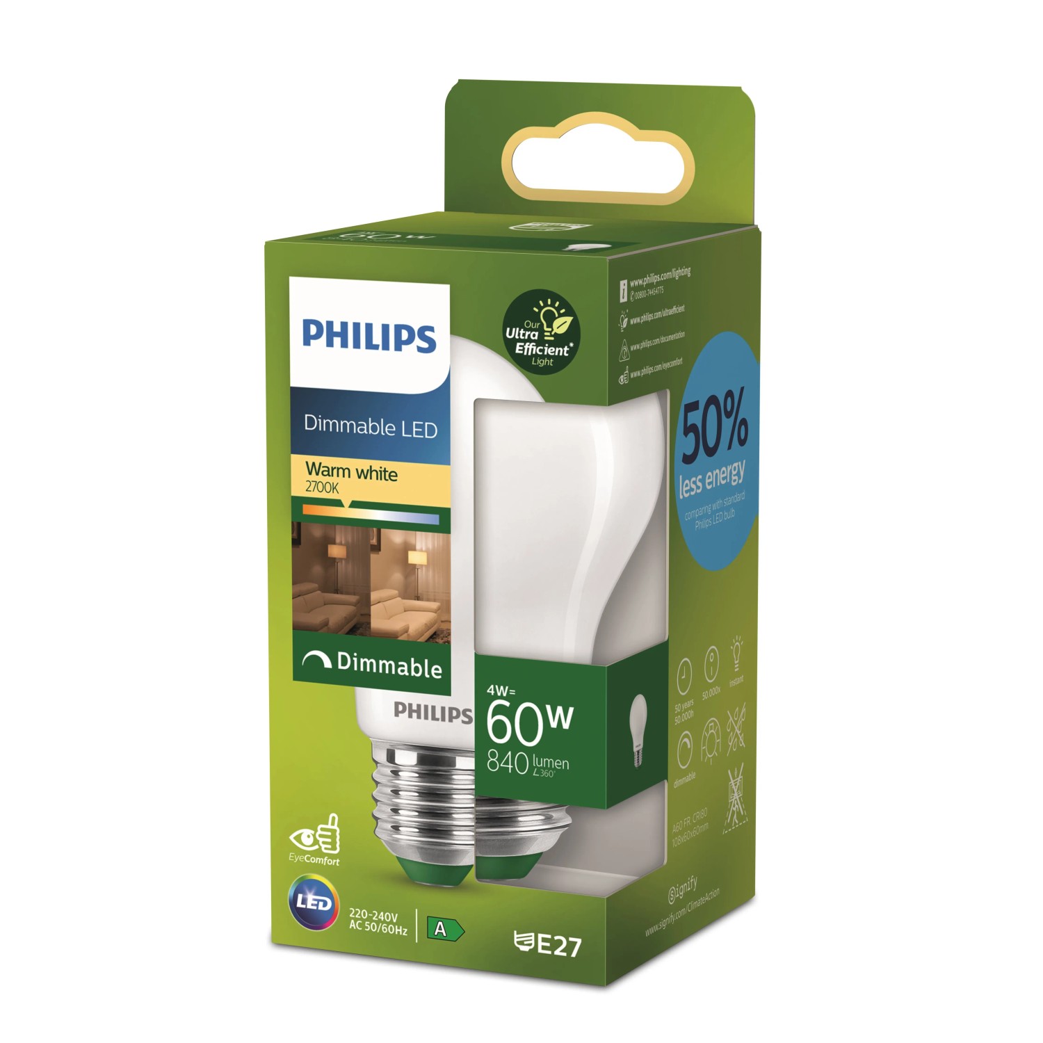 Philips E27 LED-Lampe, 4W, matt, Glühlampenform. Energieeffizient und dimmbar.