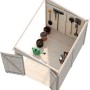 Innenansicht Palmako Mia Holz-Gartenhaus: Unbehandeltes Holz, Pultdach, mit Gartengeräten und Pflanzen.