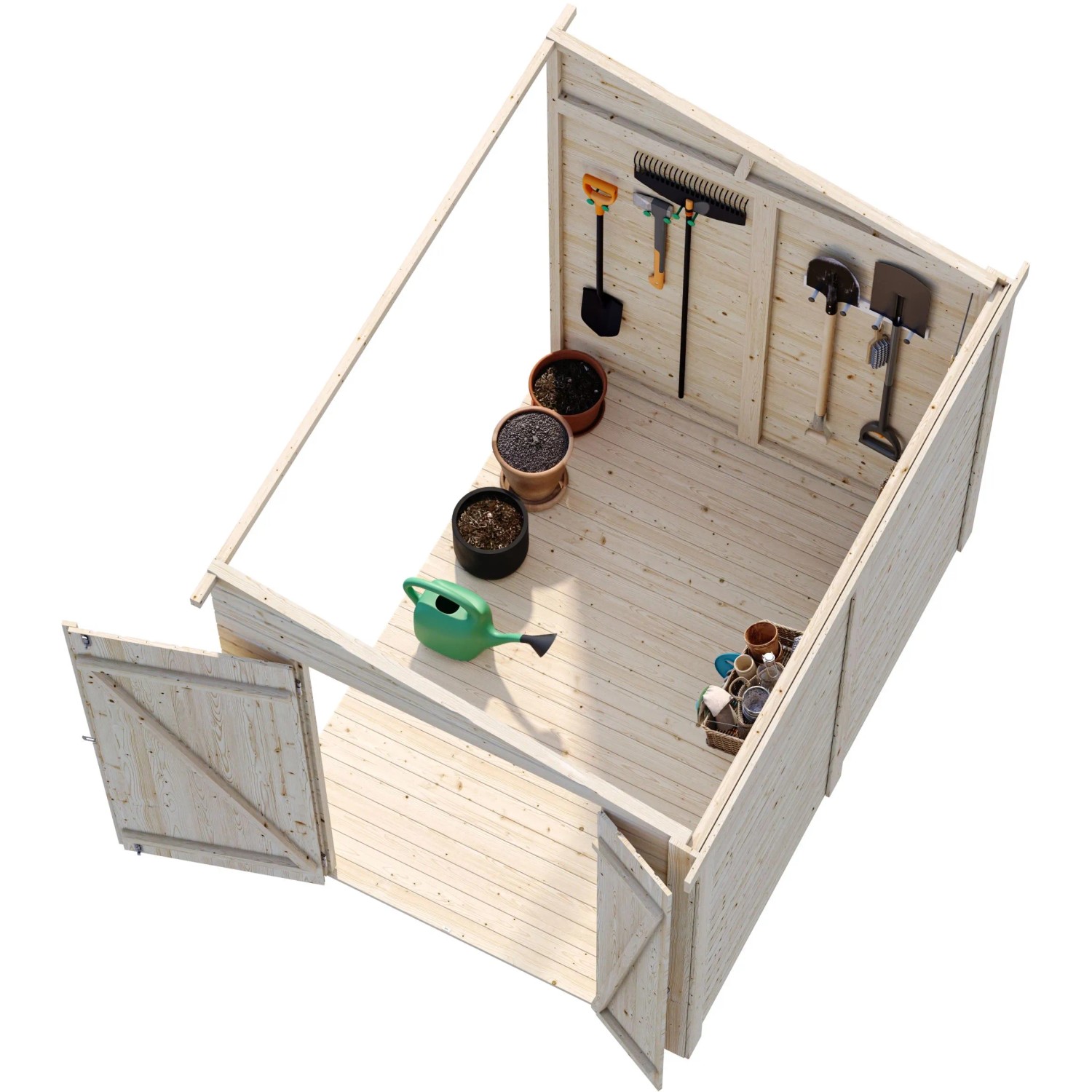 Innenansicht Palmako Mia Holz-Gartenhaus: Unbehandeltes Holz, Pultdach, mit Gartengeräten und Pflanzen.