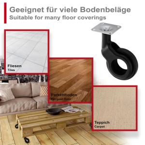 SOTECH Design Möbelrolle BONN schwarz, Ø60mm, mit Montageplatte. Geeignet für Fliesen, Parkett, Teppich. Belastbar bis 30kg.