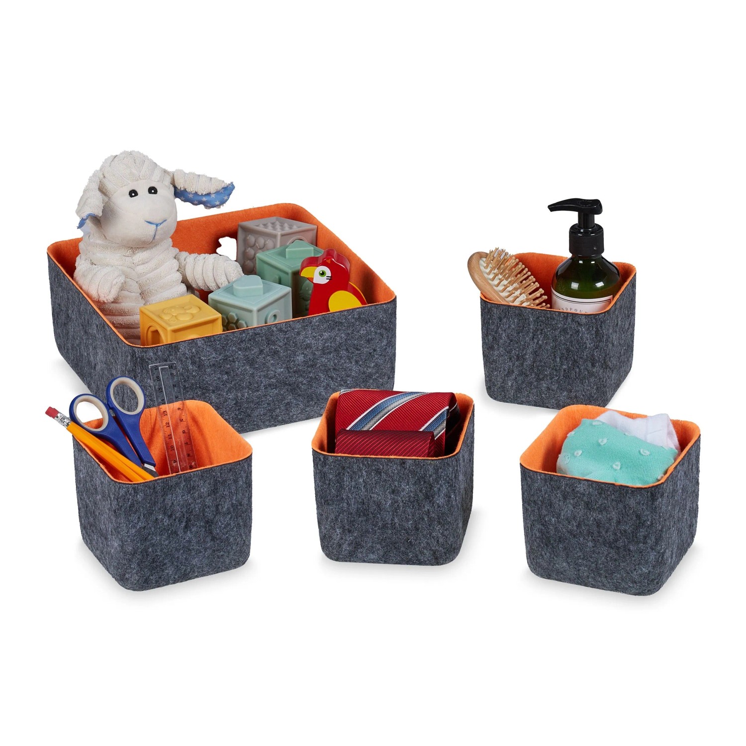 Relaxdays Schubladen Organizer Filz Dunkelgrau Orange 5-teilig 25 cm x 25 cm x 10,5 cm
