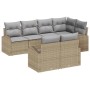 Beiges 7-teiliges Garten-Sofa-Set aus Poly Rattan mit grauen Kissen von vidaXL.
