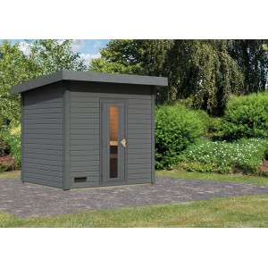 Karibu Saunahaus Arvi 3 in Terragrau: Modernes Gartenhaus mit Flachdach und Glastür.