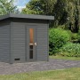 Karibu Saunahaus Arvi 3 in Terragrau: Modernes Gartenhaus mit Flachdach und Glastür.