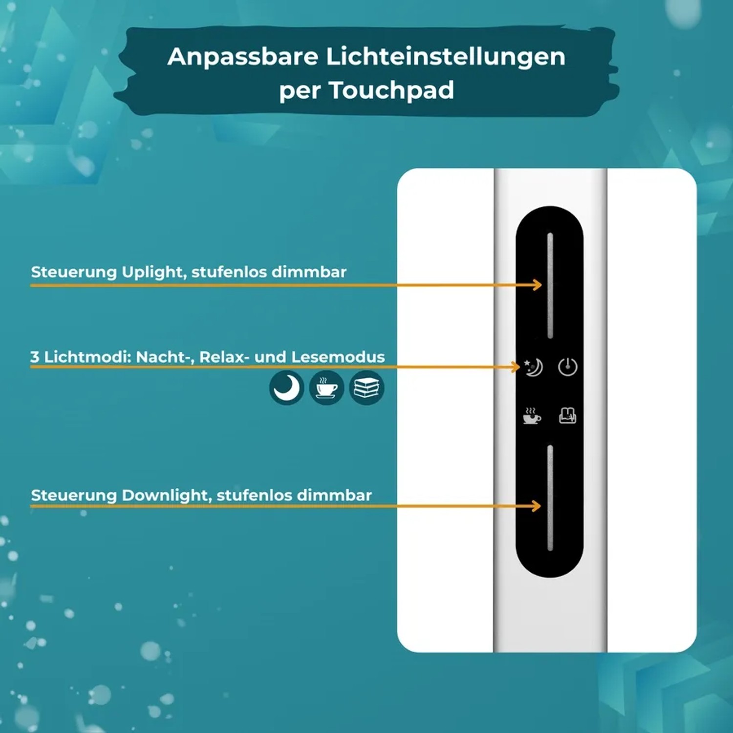 Detailaufnahme der Touch-Steuerung der dimmbaren LUXULA LED Stehlampe mit verschiedenen Lichtmodi.