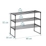 Schwarzes Metall Schuhregal mit 3 Ebenen, 55x68x30 cm. Jede Ablage trägt 10 kg. Stapelbares Stecksystem für Flur.