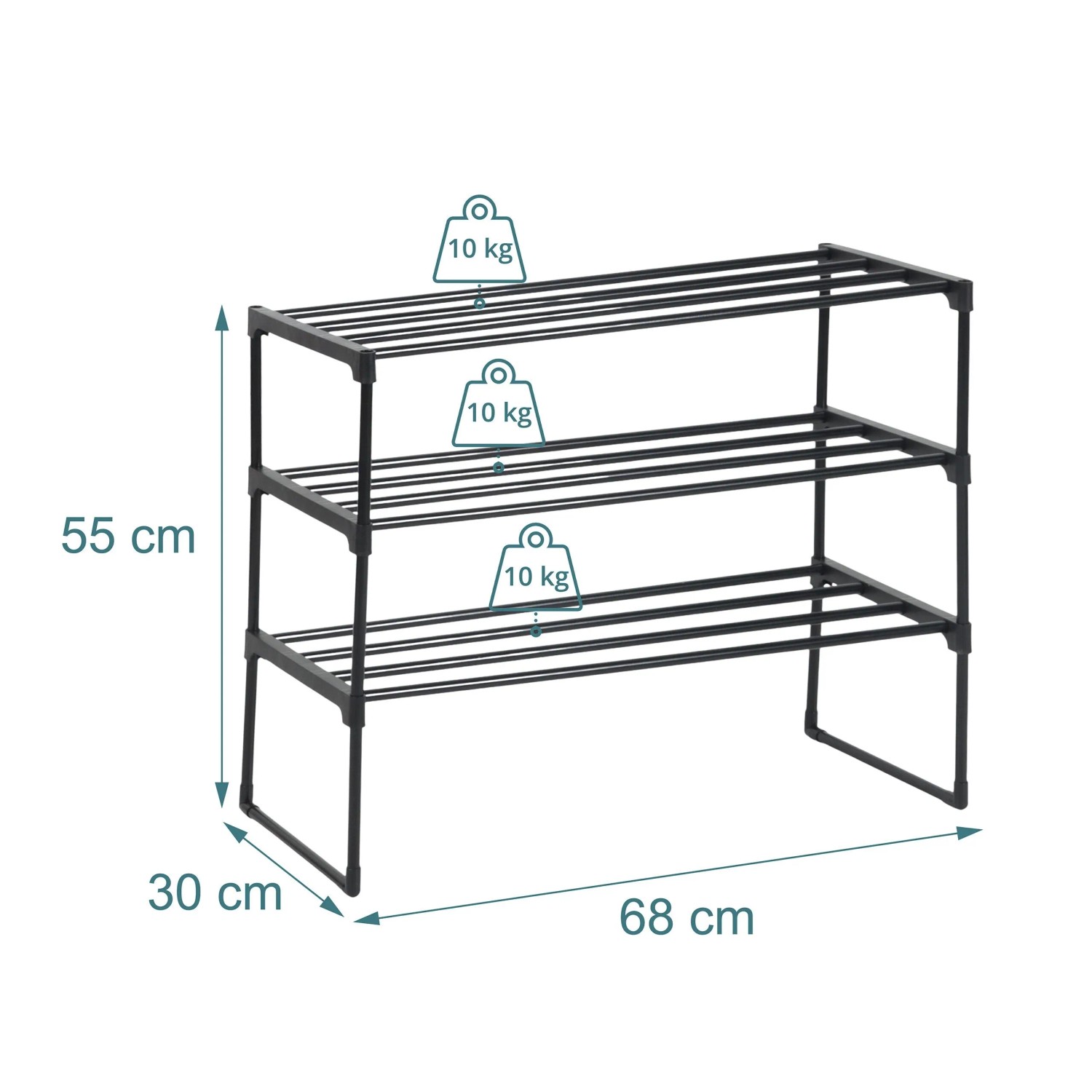 Schwarzes Metall Schuhregal mit 3 Ebenen, 55x68x30 cm. Jede Ablage trägt 10 kg. Stapelbares Stecksystem für Flur.