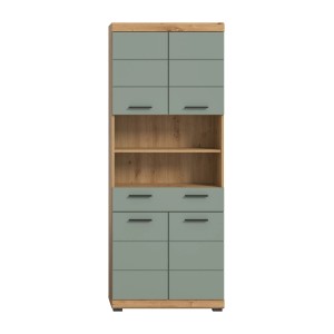 Hochschrank in Salbei und Eiche, 74x191x31 cm, Badmöbel mit viel Stauraum.