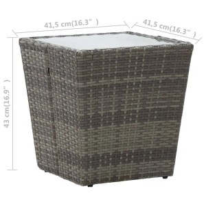 Grauer vidaXL Beistelltisch aus Rattan mit Glasplatte, 41,5x41,5x43 cm.