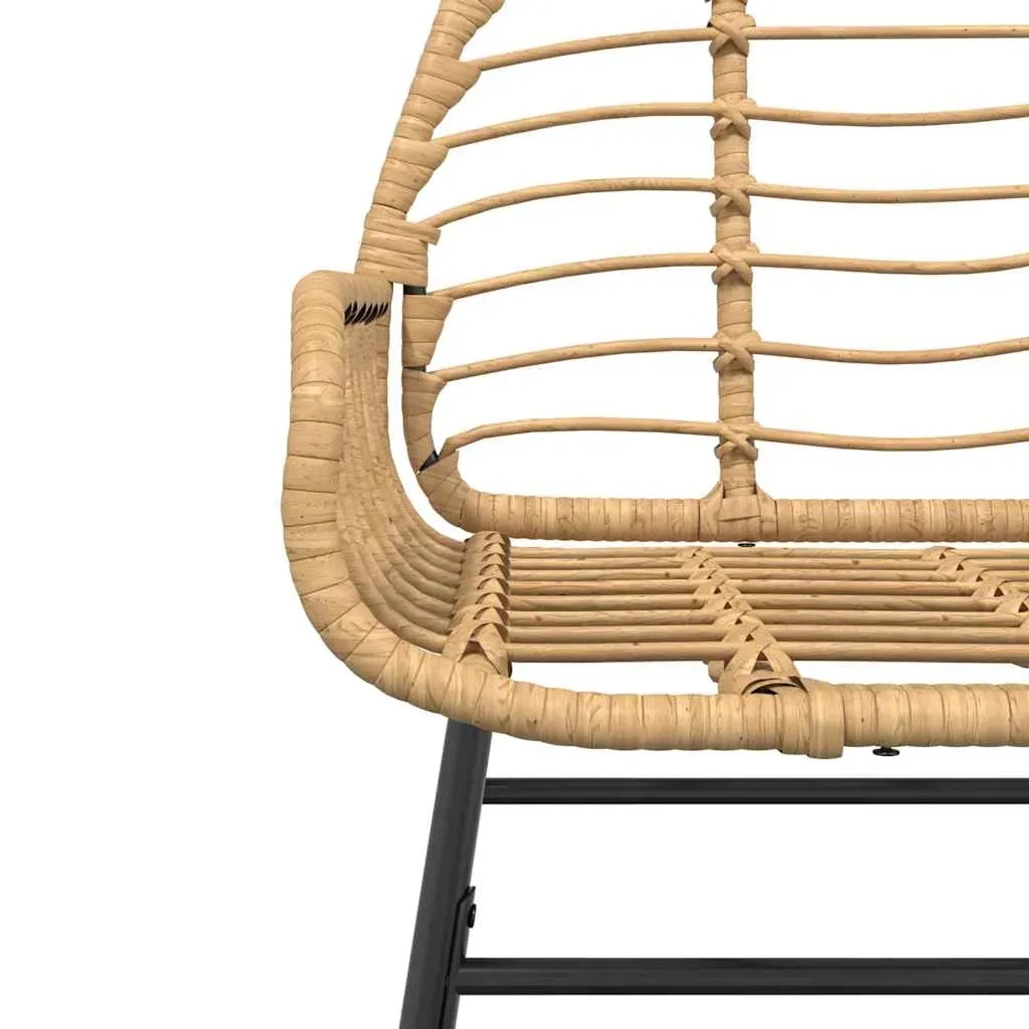 Detailansicht: Gartenstuhl aus Poly Rattan mit schwarzem Stahlgestell, Teil des 9-teiligen Esszimmersets.