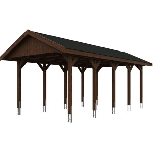 Satteldach-Carport Wallgau in Nussbaum mit schwarzen Dachschindeln, stabile Holzkonstruktion.