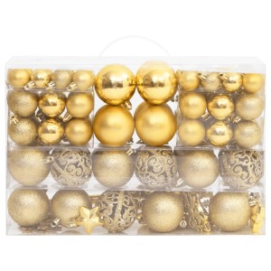 furnicato 111-tlg. Weihnachtskugel-Set Golden: Kugeln, Sterne und Spitze in Gold im transparenten Aufbewahrungskasten.