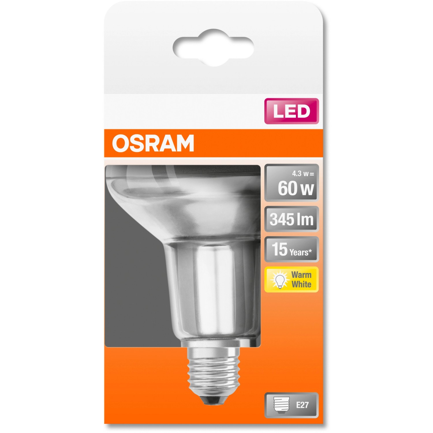 Osram E27 LED Reflektor R80, 4,3W, warmweiß, im Karton. Energiesparendes Leuchtmittel für E27 Fassung.