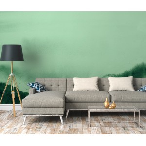 Fototapete Landschaft Berge Grün, 3,50x2,55m, mit grüner Berglandschaft im Wohnzimmer.