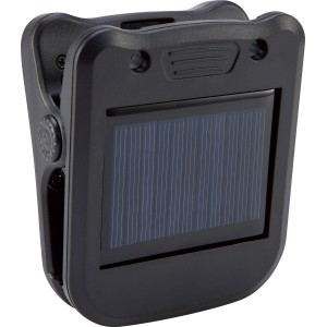 Schwarze Solar LED Gartenleuchte mit Clip-on und Solarpanel.