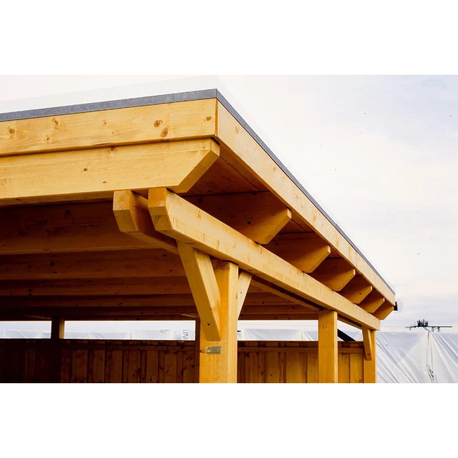 Detailansicht des Skan Holz Flachdach-Einzelcarports Emsland mit Holzpfosten und Aluminiumdach.