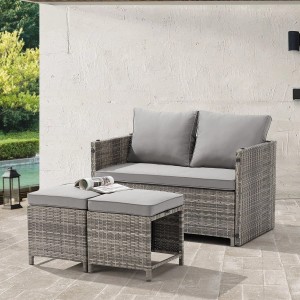 Grau meliertes 2in1 Polyrattan Gartenmöbel Set Jamaika mit Sofa und Hockern.